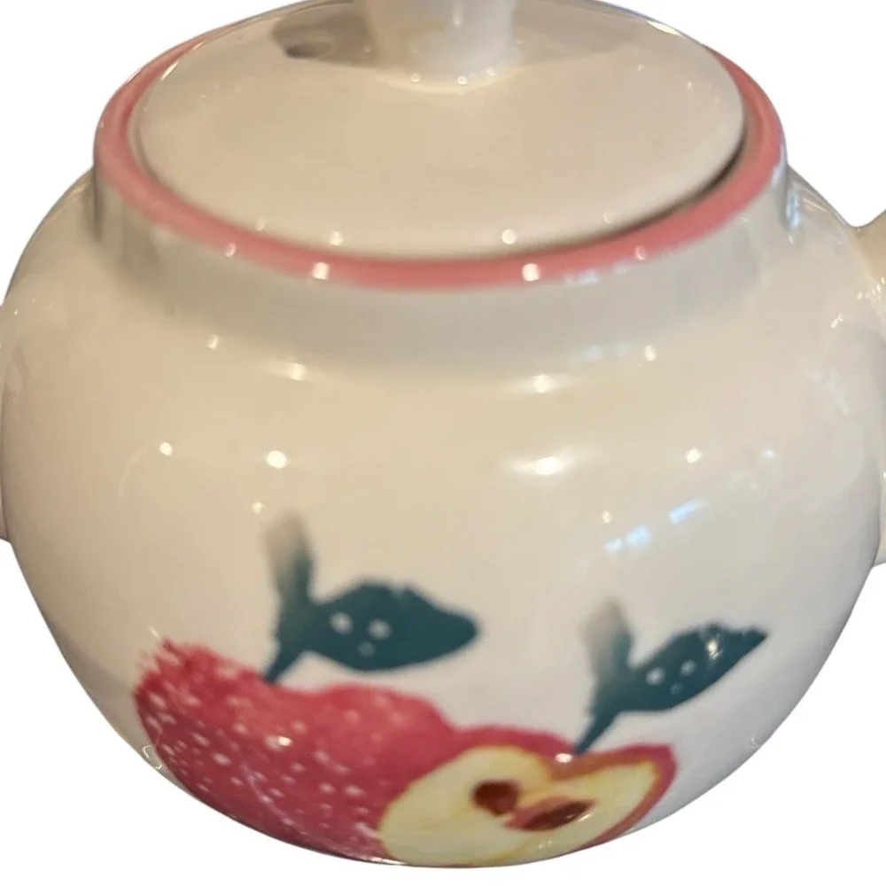Hand Painted Ceramic Apple Teapot Cream with Pink Trim Cottagecore